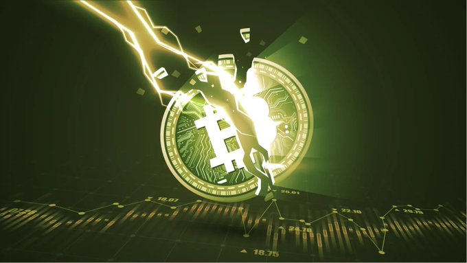 A digital illustration of a Bitcoin being struck by a green lightning bolt, surrounded by falling dollar bills and audio waveform graphs with timestamps like '18.07' and '22.10' on a dark green background.