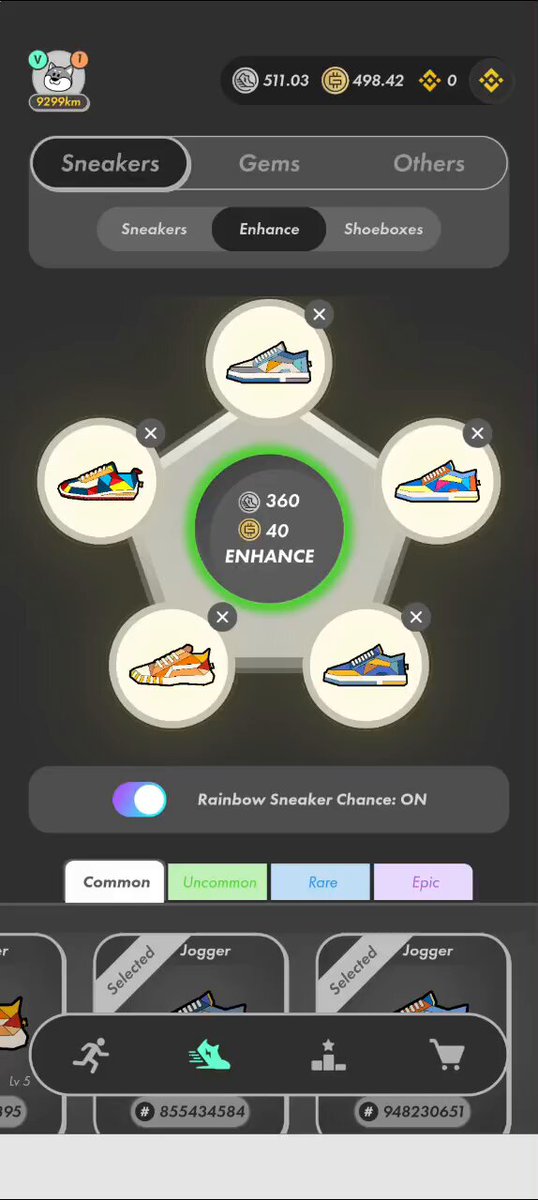 The image features a phone screen displaying an app called "Stepn Go" with a green circle containing six different shoes, each labeled with a number from 0 to 5. The app has a rating system that allows users to rate their favorite shoes on a scale of 1 to 5 stars. The post also mentions the shoe brand Curaçao and encourages users to cheer for them by liking or sharing the image.