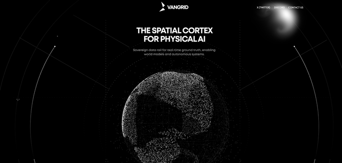Vangrid website homepage with the tagline 'THE SPATIAL CORTEX FOR PHYSICAL AI' and a dark, abstract 3D sphere graphic.