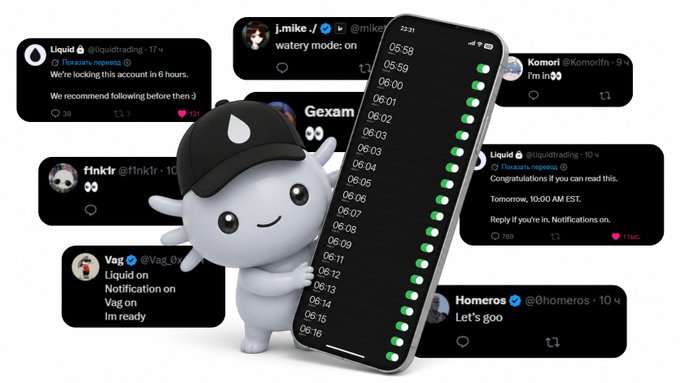 A cute white axolotl mascot wearing a black cap holds up a smartphone displaying a checklist with green checkmarks, surrounded by Twitter/X notifications from Liquid, J.mike, f1nktr, Vag, Komorifn, and Homeros about Liquid reposts.
