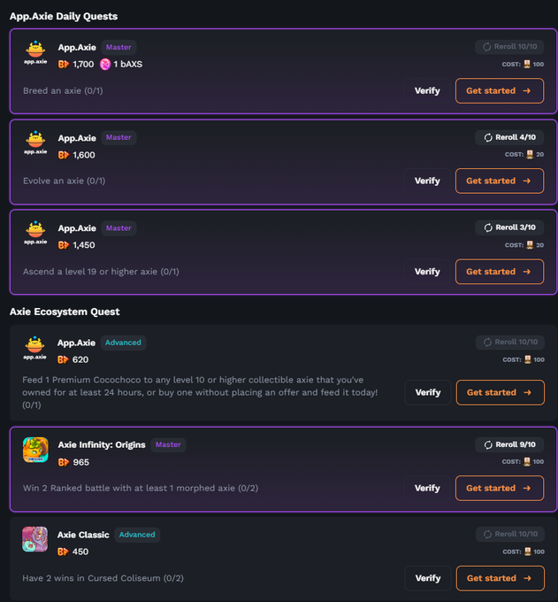 App.Axie Daily Quest interface listing tasks like breeding/evolving axes, with reward tiers ranging from 450 to 1,700 points, including Axie Ecosystem Quests for Axie Infinity: Origins and Axie Classic.