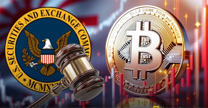 An image showing a gavel striking beside the U.S. Securities and Exchange Commission (SEC) seal on the left, and a large gold Bitcoin coin against a background of red stock market charts on the right.
