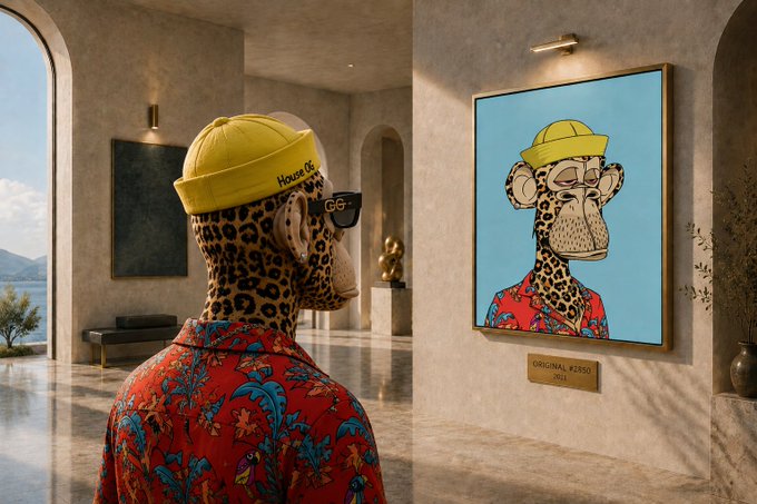 A leopard wearing a yellow 'House of GG' beanie and sunglasses, dressed in a vibrant red patterned shirt, views its own portrait hanging in an elegant gallery space.