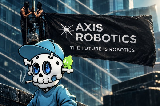 A skeleton mascot wearing a blue cap and hoodie smokes a cigarette while holding a small green Android figurine, set against an urban backdrop with a large black banner reading "AXIS ROBOTICS - THE FUTURE IS ROBOTICS" being hung by two workers.