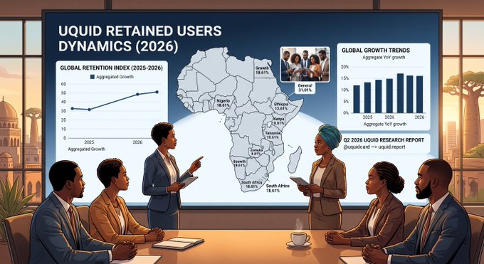 The image depicts a corporate boardroom scene where professionals gather around a table, analyzing a presentation titled "UQUID RETAINED USERS DYNAMICS (2026)" displayed on a large screen. The screen features data visualizations such as a "GLOBAL RETENTION INDEX (2025-2026)" line chart, a "GLOBAL GROWTH TRENDS" bar chart, and an African map highlighting country-specific growth rates including Nigeria at 16.61%, Kenya at 16.61%, South Africa at 14.61%, Ethiopia at 13.61%, Uganda at 13.61%, Ghana at 11.61%, Senegal at 11.61%, and Cameroon at 7.61%, with the report referenced as "@uquidcard - uquid.report."

The image directly supports the post's message by visually illustrating the research findings about stablecoin payment adoption in Africa, specifically highlighting the historic highs in retention for key African markets like Nigeria and South Africa as