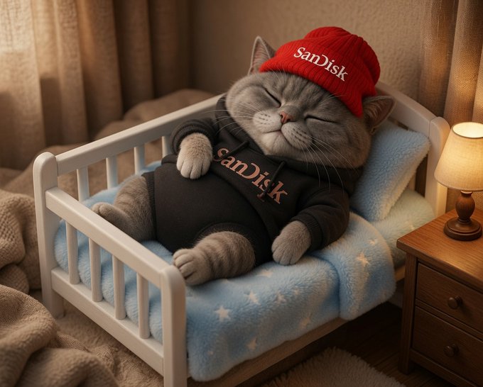 An AI-generated image of a gray cat sleeping in a small bed, wearing a red beanie and black hoodie, both branded with the 'SanDisk' logo.
