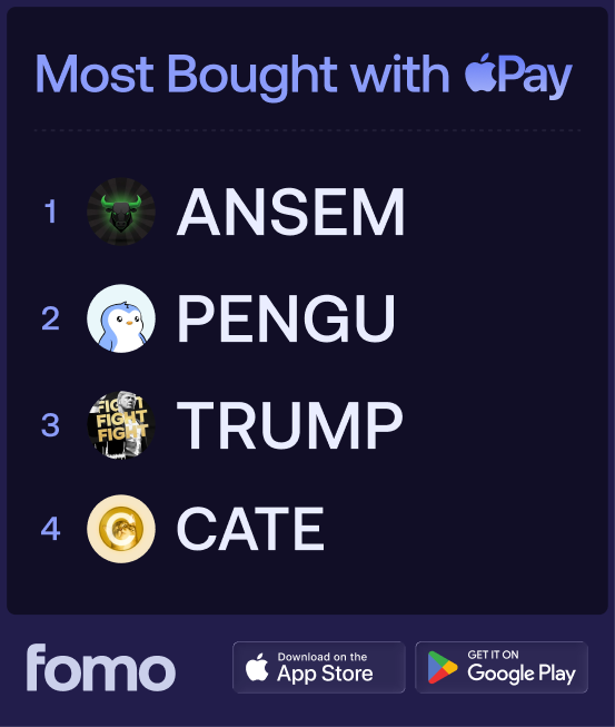 This image shows the top 4 most bought items with Apple Pay: ANSEM, PENGU, TRUMP, and CATE, further emphasizing the ease of onboarding mentioned in the post.