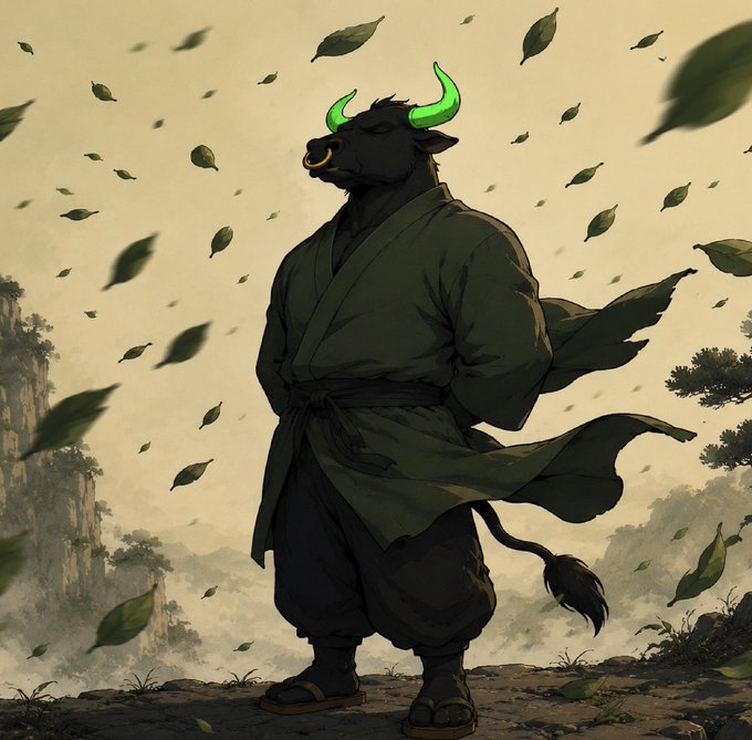 An illustration of a humanoid bull with glowing green horns wearing a green kimono and dark pants, standing on a path with leaves blowing around it in a misty landscape.
