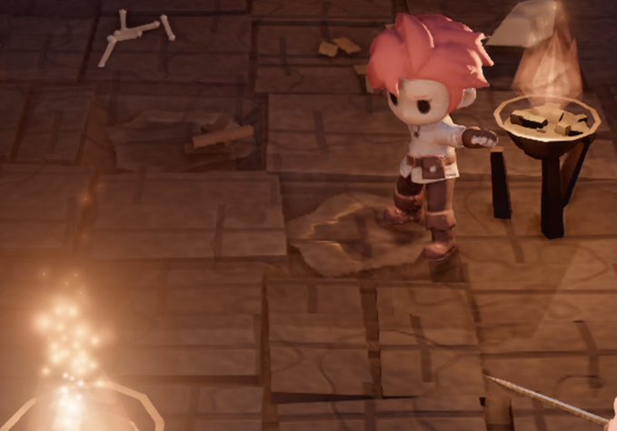 A chibi character with pink hair stands in a dimly lit, pixelated dungeon-like room, beside a small table holding what appears to be a pile of items. The scene likely showcases a stylized 3D game or model rendering, emphasizing impressive technical quality that the poster suggests surpasses other AI tools like Codex.