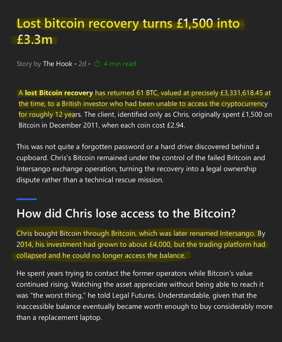 A news article titled 'Lost bitcoin recovery turns £1,500 into £3.3m' by The Hook, detailing the legal recovery of 61 BTC from a defunct exchange.