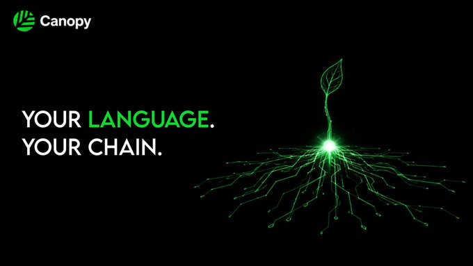 A promotional graphic for 'Canopy' displaying 'YOUR LANGUAGE. YOUR CHAIN.' alongside a glowing green plant root system on a black background.