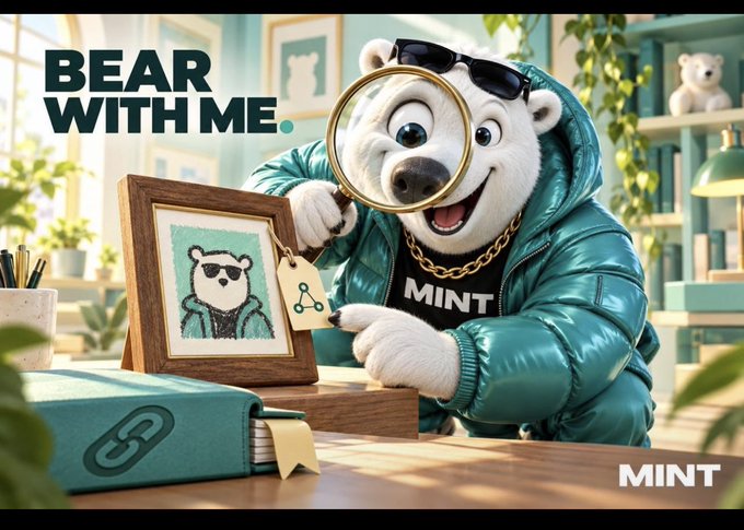 A promotional graphic for MINT featuring an anthropomorphic polar bear wearing sunglasses, a teal jacket, and a gold chain, holding a magnifying glass over a framed portrait with the heading 'BEAR WITH ME.'