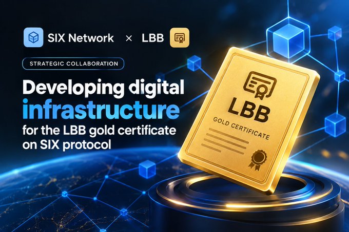 A promotional graphic for 'SiX Network x LBB Strategic Collaboration', stating 'Developing digital infrastructure for the LBB gold certificate on SiX protocol,' featuring a gold certificate bar and blue digital cube imagery.