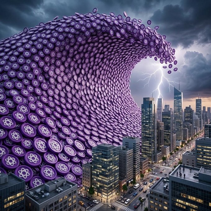 Dramatic digital artwork depicting a massive tsunami-like wave composed of purple atom symbols crashing over a modern cityscape with skyscrapers under a stormy sky with lightning.