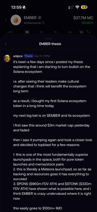 A mobile screenshot of a crypto trading app showing EMBER token ($37.7M market cap, up 156.60%) with an embedded tweet from user 'unipcs' (Thesis) discussing a bullish thesis on the Solana ecosystem and comparing EMBER's potential to $PONS and $STONK.