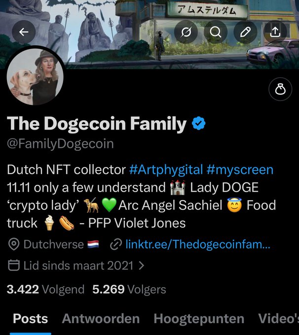 The image shows a social media post with a caption that reads "The DOGEcoin Family". The post also includes a photo of a woman holding a dog, as well as a link to a post about Dutch NFT collector @FamilyDOGECoin and their collection of food items.