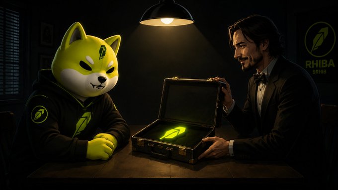 A digital artwork depicting a yellow fox-like character in a black hoodie across from a well-dressed man in a tuxedo, examining a glowing green feather logo in a briefcase, with 'RHIBA $RHIB' branding visible.