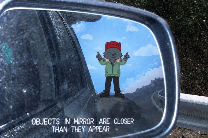 A cartoon character wearing a red beanie and green jacket stands on a rock in a side mirror reflection, giving the middle finger with both hands. The text "OBJECTS IN MIRROR ARE CLOSER THAN THEY APPEAR" is visible at the bottom, cleverly tying into the giveaway theme by playing on the "closer than they appear" message as a nod to winning a spot.