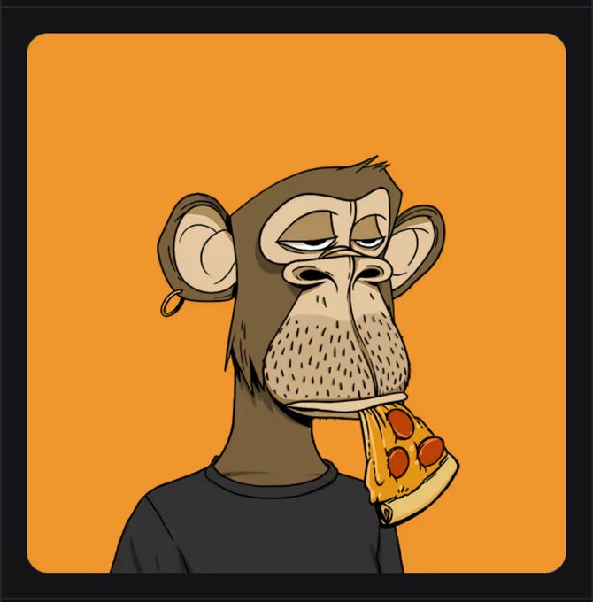 The image features a cartoon monkey holding a slice of pizza, with its mouth open wide as if about to take a bite. The background is orange, which contrasts with the brown color of the monkey's fur. There are no other objects or text in the image besides the monkey and the pizza slice it holds.