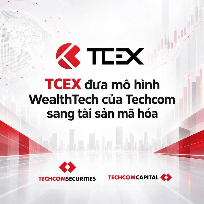 A Vietnamese promotional graphic for 'TCEX' stating 'TCEX đưa mô hình WealthTech của Techcom sang tài sản mã hóa' with logos for TECHCOMSECURITIES and TECHCOMCAPITAL at the bottom.
