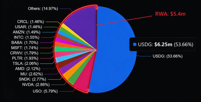 A pie chart titled 'RWA: $5.4m' displaying various stock tickers and their percentages, dominated by USDG at 53.66% ($6.25m), with other entries including USO (5.79%), NVDA (2.88%), SNDK (2.77%), MU (2.62%), AMD (2.12%), TSLA (2.06%), PLTR (1.93%), CRWV (1.79%), MSFT (1.74%), BABA (1.70%), INTC (1.55%), AMZN (1.49%), USAR (1.48%), CRCL (1.46%), and Others (14.97%).