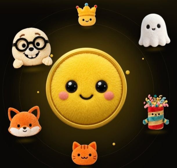 A collection of cute plush toys arranged around a large smiling yellow coin, including a dog with glasses, a ghost, a fox, a cat, a crown, and a rainbow-striped container.