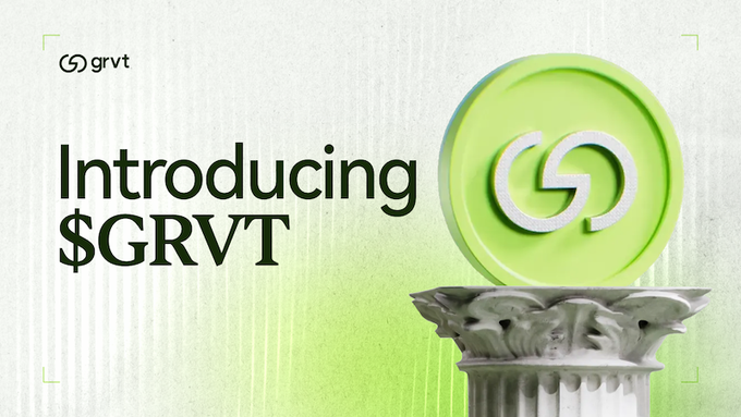 A promotional graphic reads “Introducing $GRVT,” with the GRVT logo in the corner and a large green circular token-like emblem on a classical pedestal.