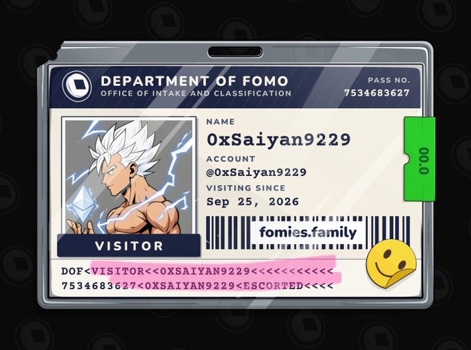 A digital ID badge for the 'Department of FOMO' with the name '0xSaiyan9229' and an anime character avatar, issued by fomies.family.