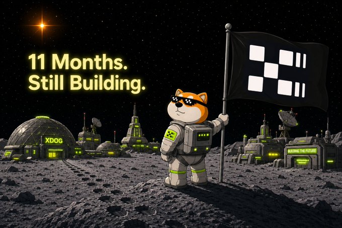 A promotional graphic featuring a Shiba Inu mascot in an astronaut suit with 'pixel' sunglasses holding a flag on the moon, with a lunar base labeled 'XDOG' and 'BUILDING THE FUTURE' behind it, and the text '11 Months. Still Building.' in yellow.