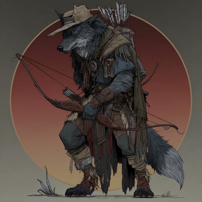 A detailed digital artwork of an anthropomorphic wolf character dressed as a Western ranger or Native American warrior, wearing a cowboy hat, carrying arrows on his back, and holding a bow against a circular sunset background.