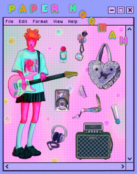 A pink-themed digital collage designed to look like an old computer window titled 'PAPER K'. It features a girl with orange hair holding a pink guitar, surrounded by retro accessories like a boombox and cassette tapes.