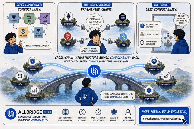 An illustrated infographic for 'ALLBRIDGE NEXT' depicting DeFi composability challenges with fragmented blockchain chains like Ethereum, Solana, and Tron, and showcasing cross-chain infrastructure solutions.