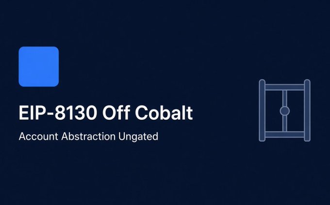 A dark presentation slide displays a blue square and the text “EIP-8130 Off Cobalt” with the subtitle “Account Abstraction Ungated.”