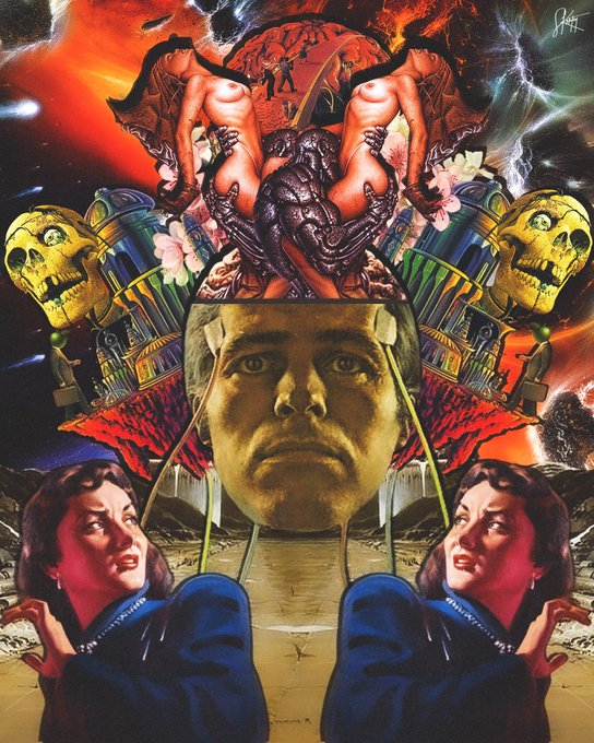 A surreal, psychedelic artwork featuring a central golden face flanked by two mirrored vintage-style women, golden skulls, and figures riding a beast-like creature, set against a fiery cosmic background.