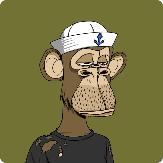 A cartoon illustration of a bored-looking monkey wearing a white sailor hat with an anchor emblem and a distressed black shirt.