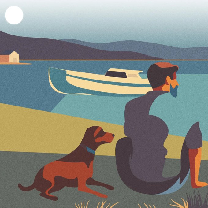 An illustration of a bearded man and a dog sitting by a lake, looking at a white boat with a small house in the distance under a sun or moon.
