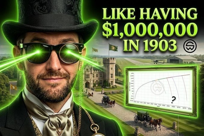 This image depicts a man in 1900s-style attire with glowing green eyes, symbolizing wealth and futurism, overlaid with text proclaiming "LIKE HAVING $1,000,000 IN 1903" and a graph forecasting Bitcoin value and year.
