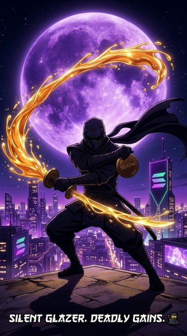 A digital artwork of a ninja wielding flaming golden swords on a rooftop, with a large purple moon and a neon cityscape behind him, captioned 'SILENT GLAZER, DEADLY GAINS.'