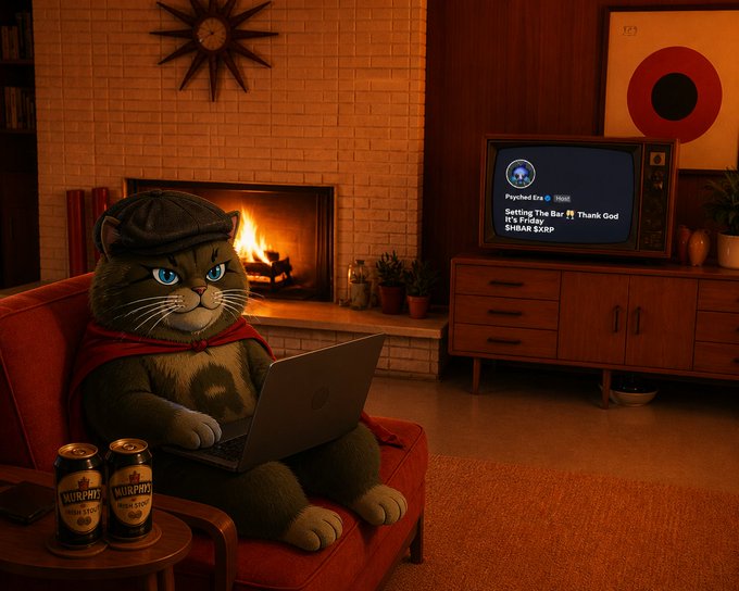 An anthropomorphic cat wearing a flat cap sits on a red armchair using a laptop, with cans of 'Murphy's Irish Stout' on the table and a retro TV showing a music stream titled 'Psyched Era' playing by a lit fireplace.