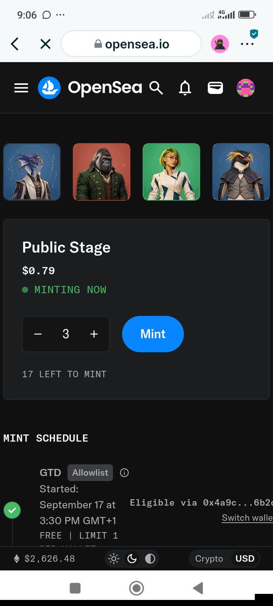 A mobile screenshot of the OpenSea NFT marketplace showing a minting page for an NFT titled 'Public Stage' priced at $0.79, currently 'MINTING NOW' with 17 left to mint.