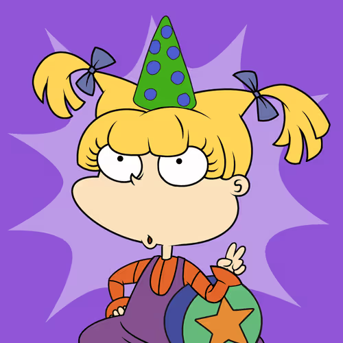A cartoon illustration of a blonde girl with pigtails wearing a green party hat with blue polka dots, holding a beach ball with an orange star, set against a purple starburst background.