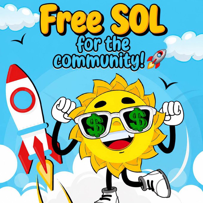A cartoon sun wearing dollar-sign sunglasses flexes next to a rocket under the text "Free SOL for the community!", visually hyping the giveaway of 20 SOL split among 5 winners tied to the $SUMMER token.