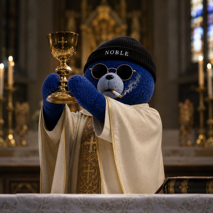 A blue teddy bear wearing sunglasses, a black beanie reading 'NOBLE', and a white robe holds a golden chalice in a church setting, with a cigarette in its mouth.