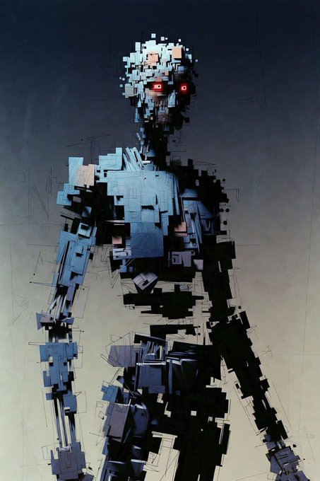 A digital artwork of a humanoid figure composed entirely of fragmented, glitch-like blue and black cubic blocks, with glowing red eyes.
