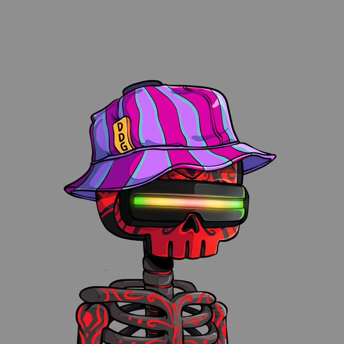 A stylized illustration of a red skeleton wearing a colorful striped purple and pink bucket hat and futuristic green-lensed visor goggles.