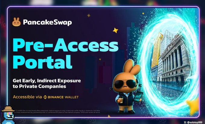 A promotional banner for PancakeSwap's Pre-Access Portal featuring a sunglasses-wearing bunny mascot standing next to a glowing portal revealing the New York Stock Exchange building, with text reading "Get Early, Indirect Exposure to Private Companies - Accessible via Binance Wallet," illustrating Binance Wallet's new pre-IPO investment feature on PancakeSwap.