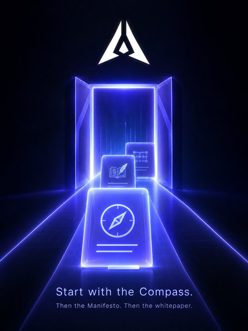A neon-lit portal displays three stacked blue glowing documents—one marked with a compass, another with a quill, and a third with a node diagram—framed by an open doorway beneath a triangular logo, with the tagline "Start with the Compass. Then the Manifesto. Then the whitepaper." 

The image visualizes the post's theme of a structured discovery process for GenLayer's founding documents, presenting the Compass, Manifesto, and whitepaper as a guided, sequential journey through the portal rather than skipping ahead to Discord.