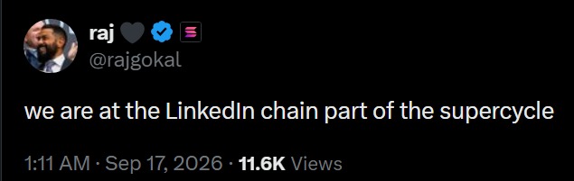 The image shows a tweet from Solana co-founder @rajgokal dated September 17, 2026, stating "we are at the LinkedIn chain part of the supercycle," with 11.6K views. The tweet appears to be the source of the context, where he criticizes Circle's L1 Arc blockchain by dismissing it as a "LinkedIn chain"—implying it prioritizes corporate networking hype over technical substance.