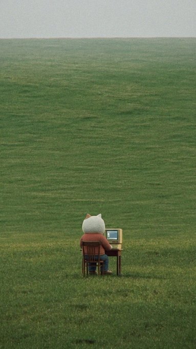 A whimsical illustration of a figure with a white cat-like head sitting alone at a desk with a small computer, facing a vast empty green field.