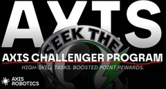A promotional graphic for "AXIS CHALLENGER PROGRAM" with the tagline "SEEK THE TRUTH" and "HIGH-SKILL TASKS, BOOSTED POINT REWARDS," featuring the Axis Robotics logo.